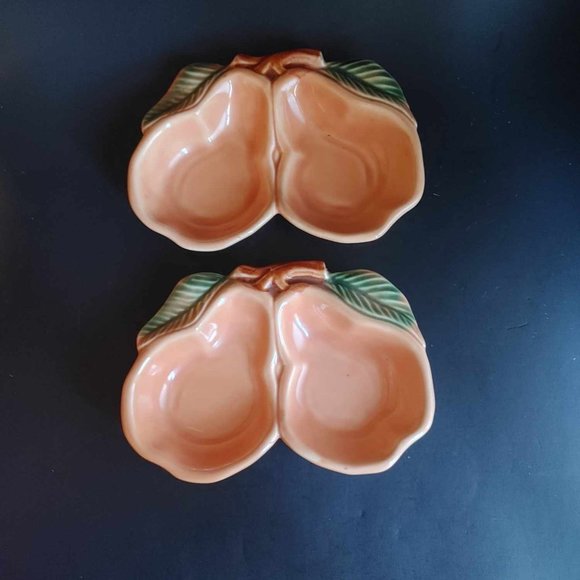 VTG Belmar Of California Pottery Pear Dish USA 320 Peach Double Bowl Set of 2 - Picture 2 of 9